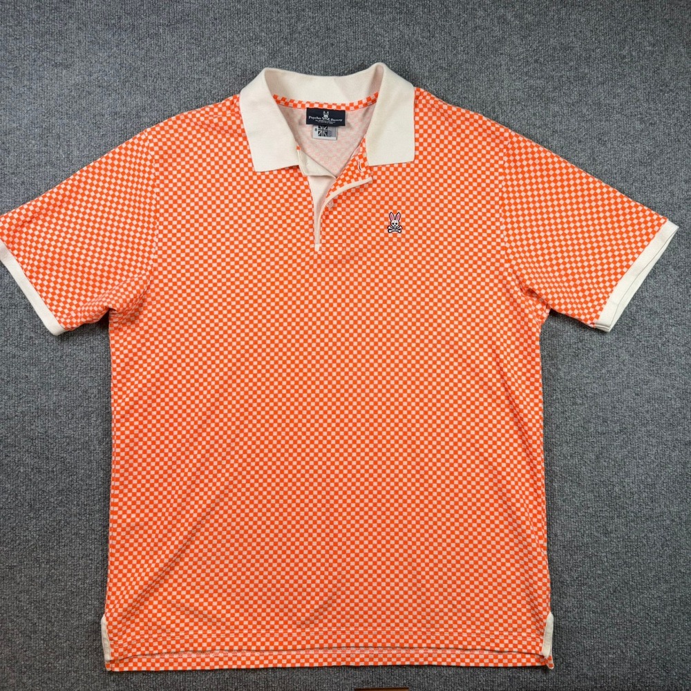 Psycho Bunny Polo Shirt Mens 8 Orange Checkered Short Sleeve Cotton Logo